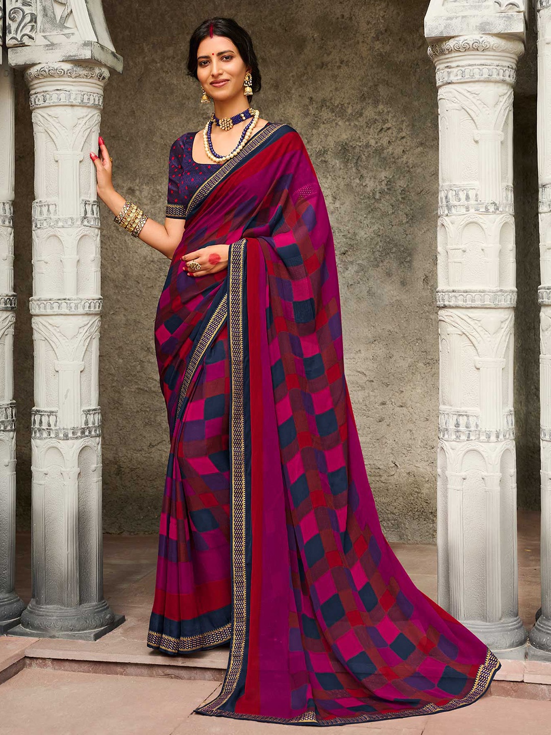 

Laxmipati Checked Poly Chiffon Saree, Pink