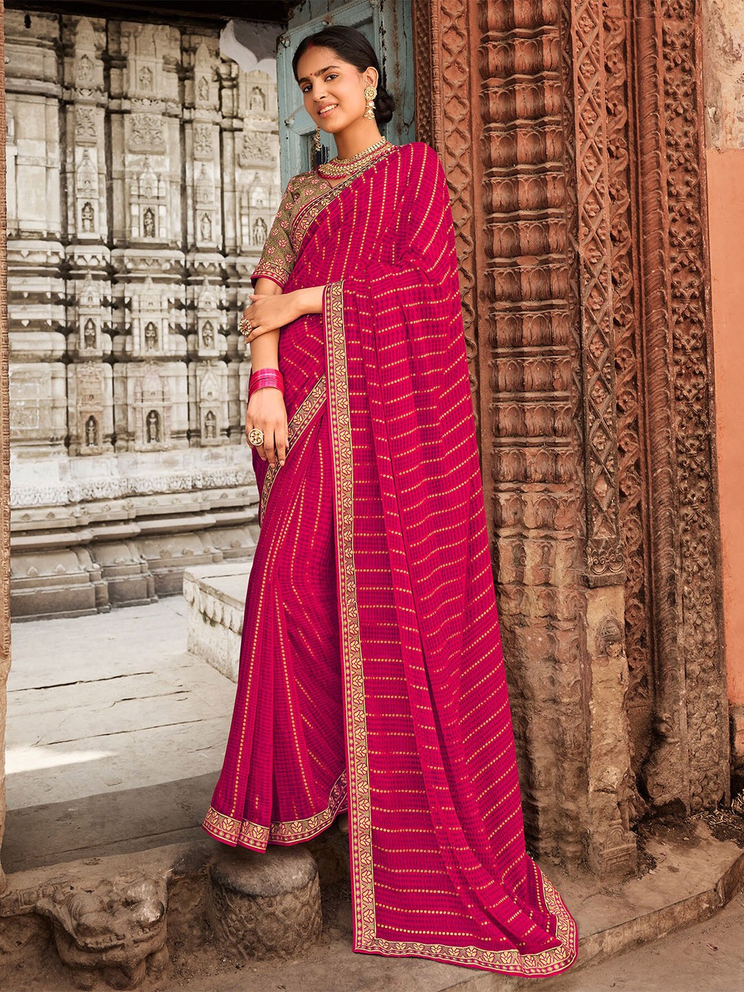 

Laxmipati Striped Embellished Saree, Red