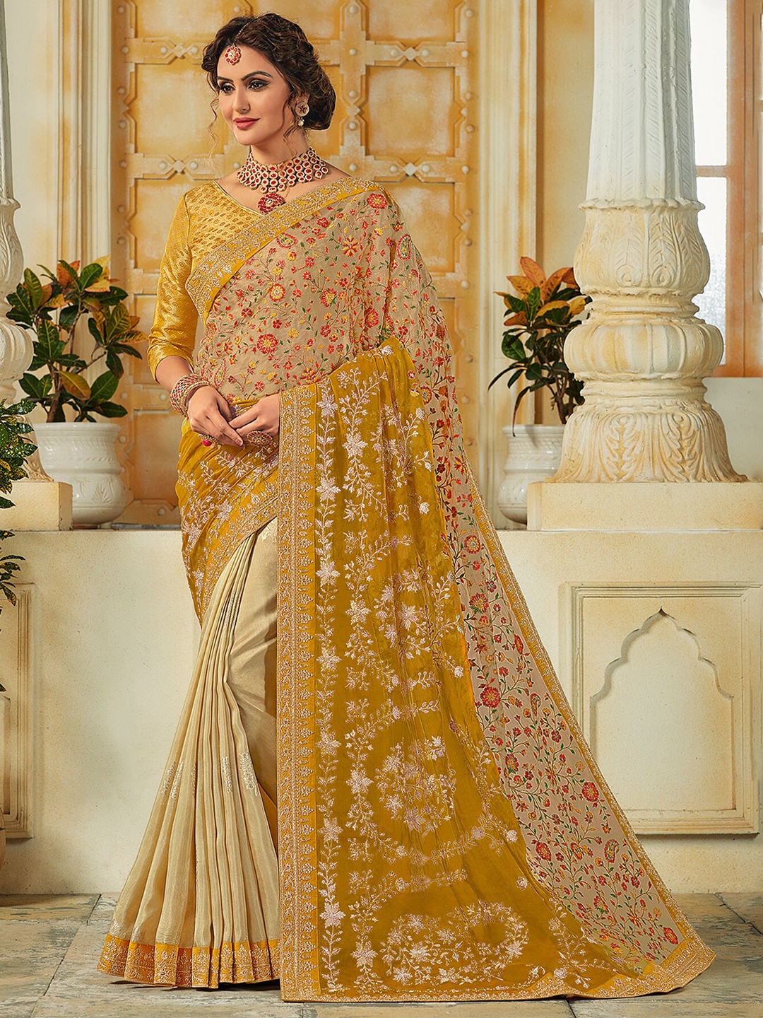 

Laxmipati Floral Embroidered Saree, Mustard