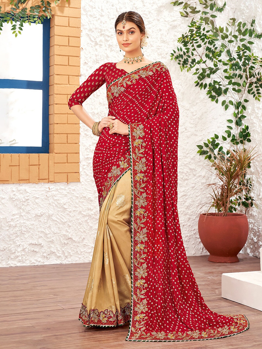 

Laxmipati Bandhani Embroidered Half and Half Saree, Yellow