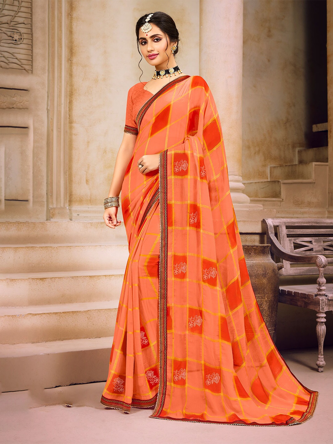 

Laxmipati Checked Embroidered Saree, Orange