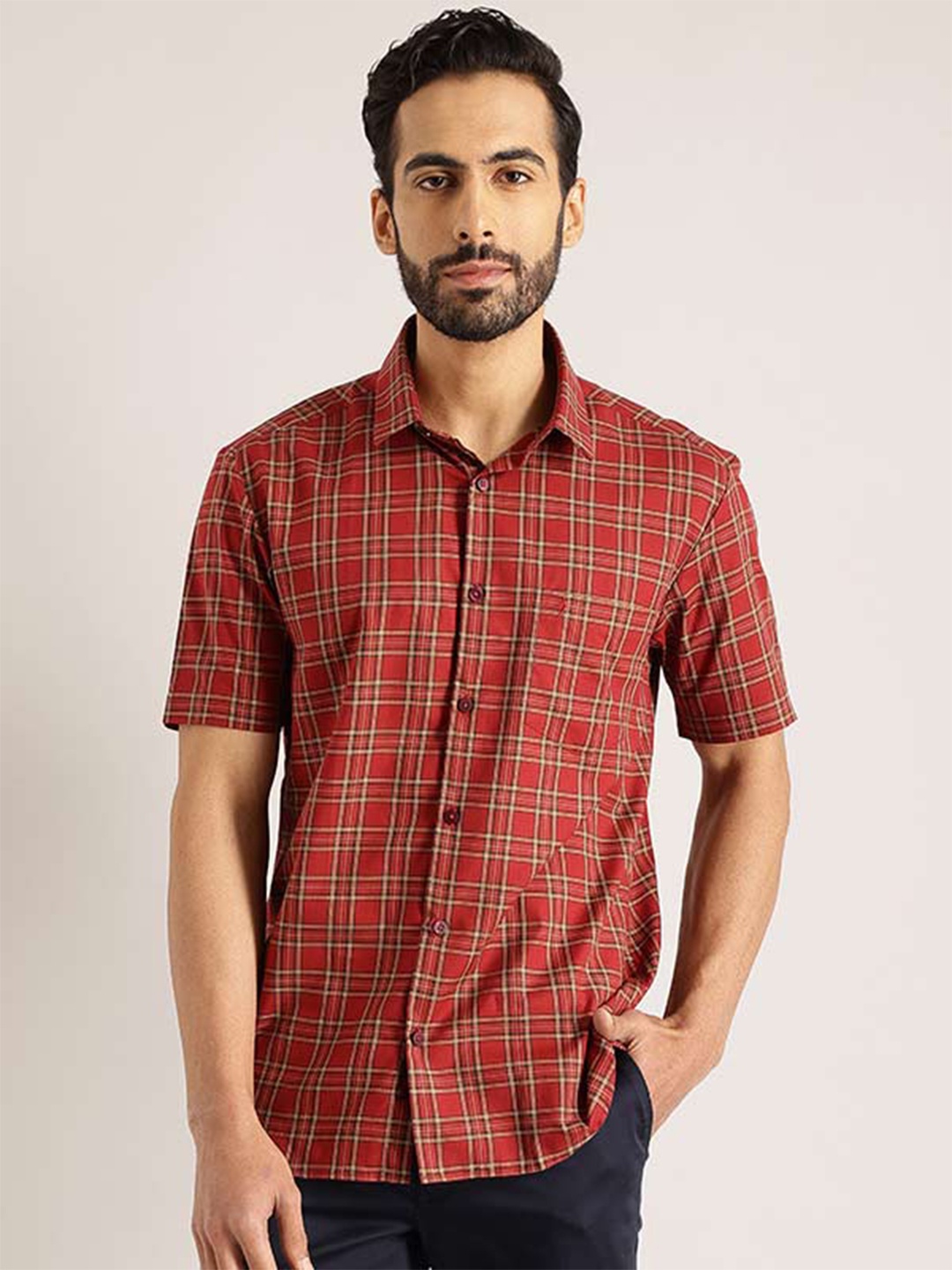 

Indian Terrain India Slim Checked Slim Fit Pure Cotton Shirt, Red
