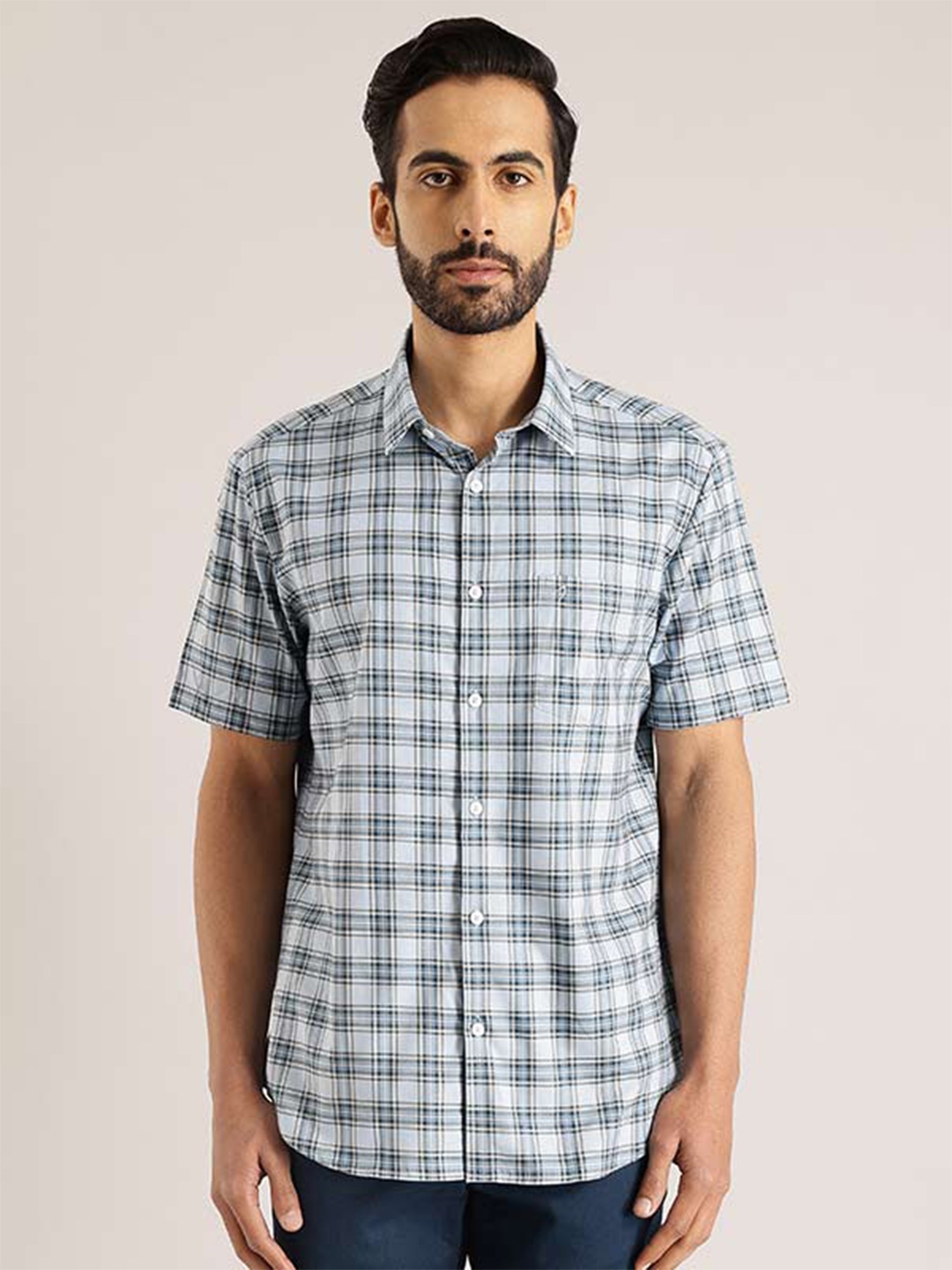 

Indian Terrain India Slim Slim Fit Checked Pure Cotton Casual Shirt, Blue