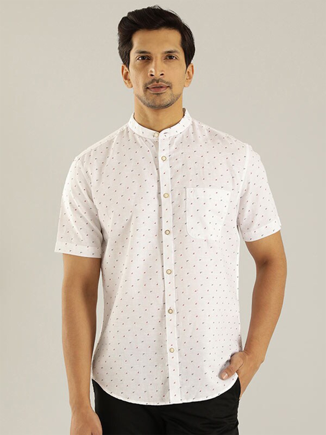 

Indian Terrain India Slim Micro Ditsy Printed Linen Cotton Slim Fit Casual Shirt, White