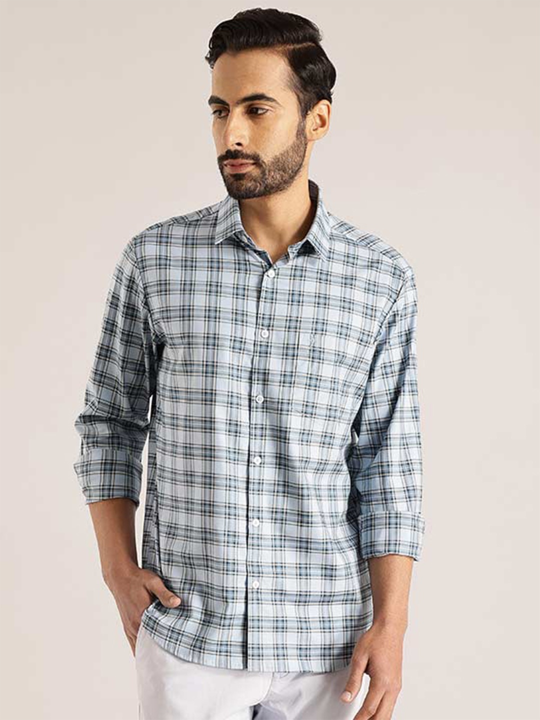 

Indian Terrain India Slim Fit Tartan Checked Pure Cotton Casual Shirt, Blue