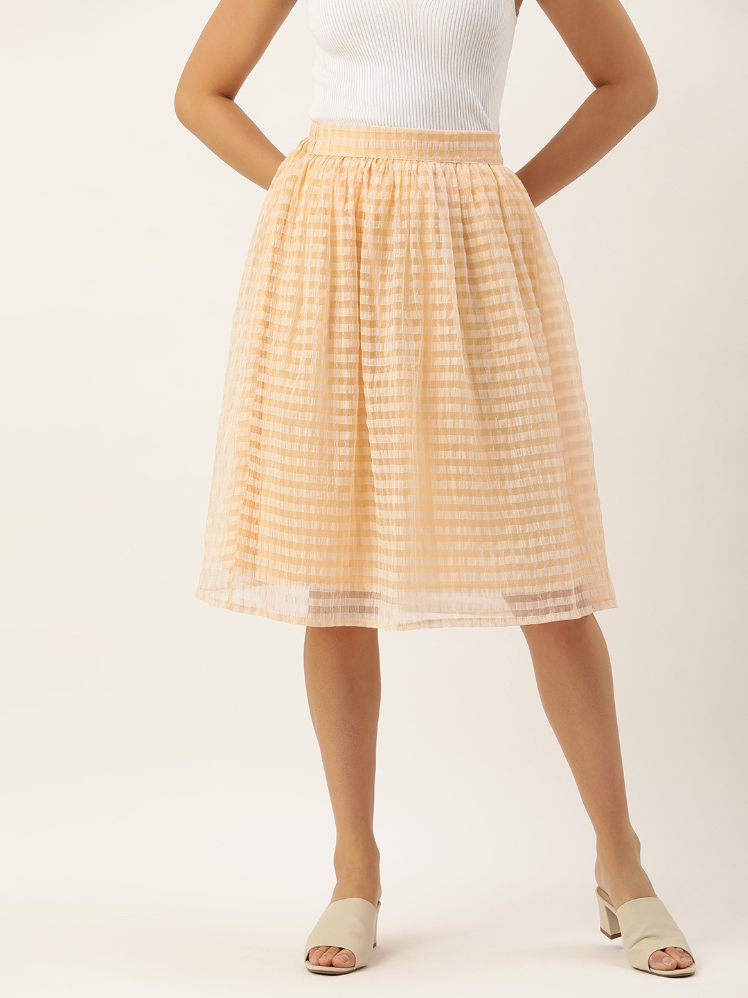 

ROVING MODE Women Checked Knee Length Flared Skirt, Yellow