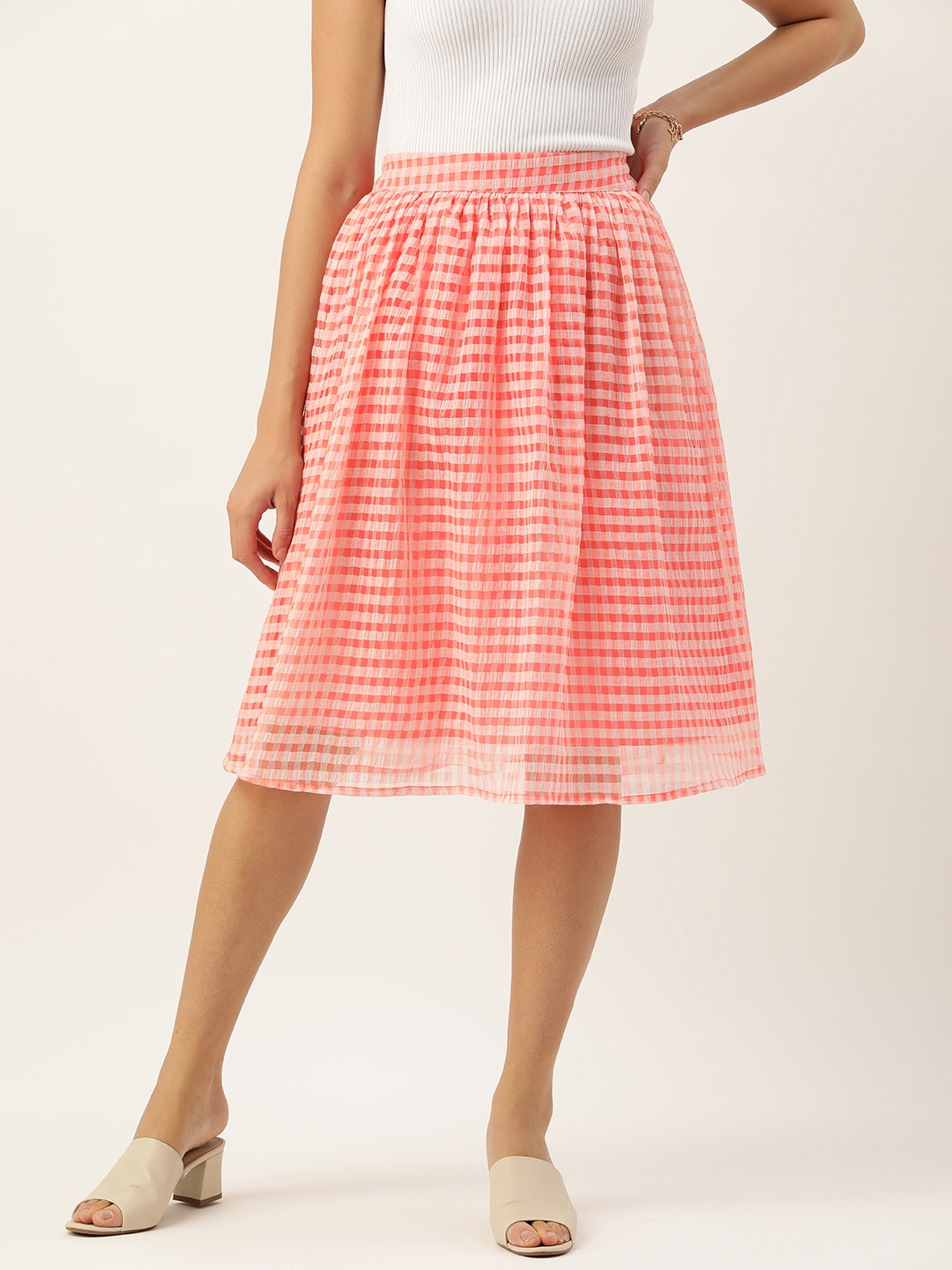 

ROVING MODE Women Checked Knee Length Flared Skirt, Peach