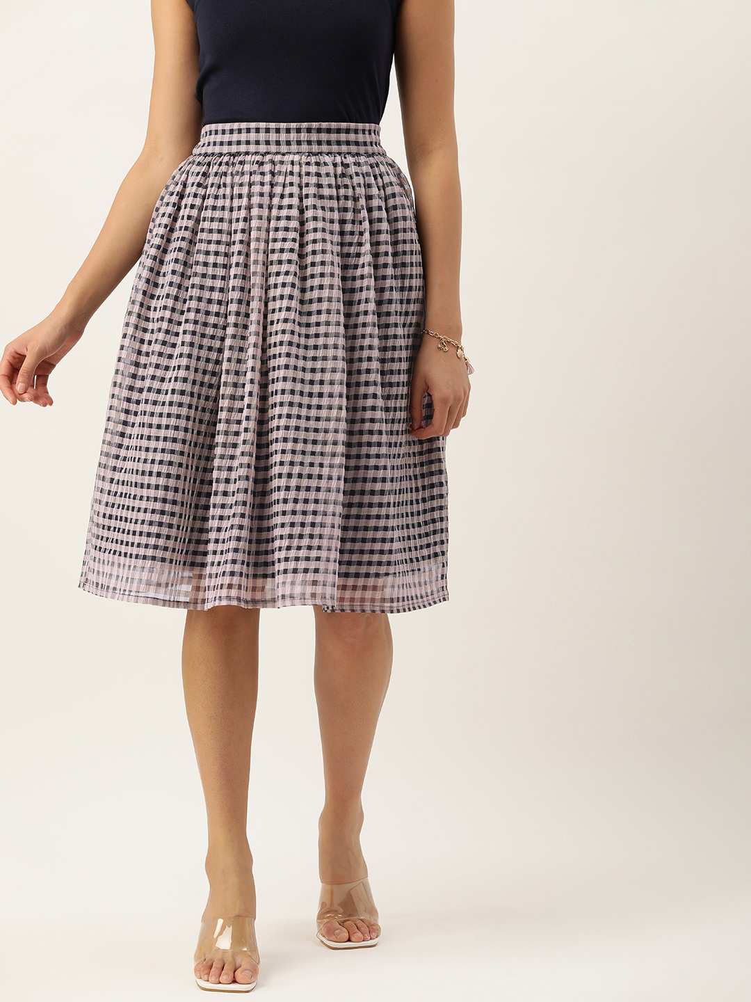 

ROVING MODE Women Checked Knee Length Flared Skirt, Navy blue