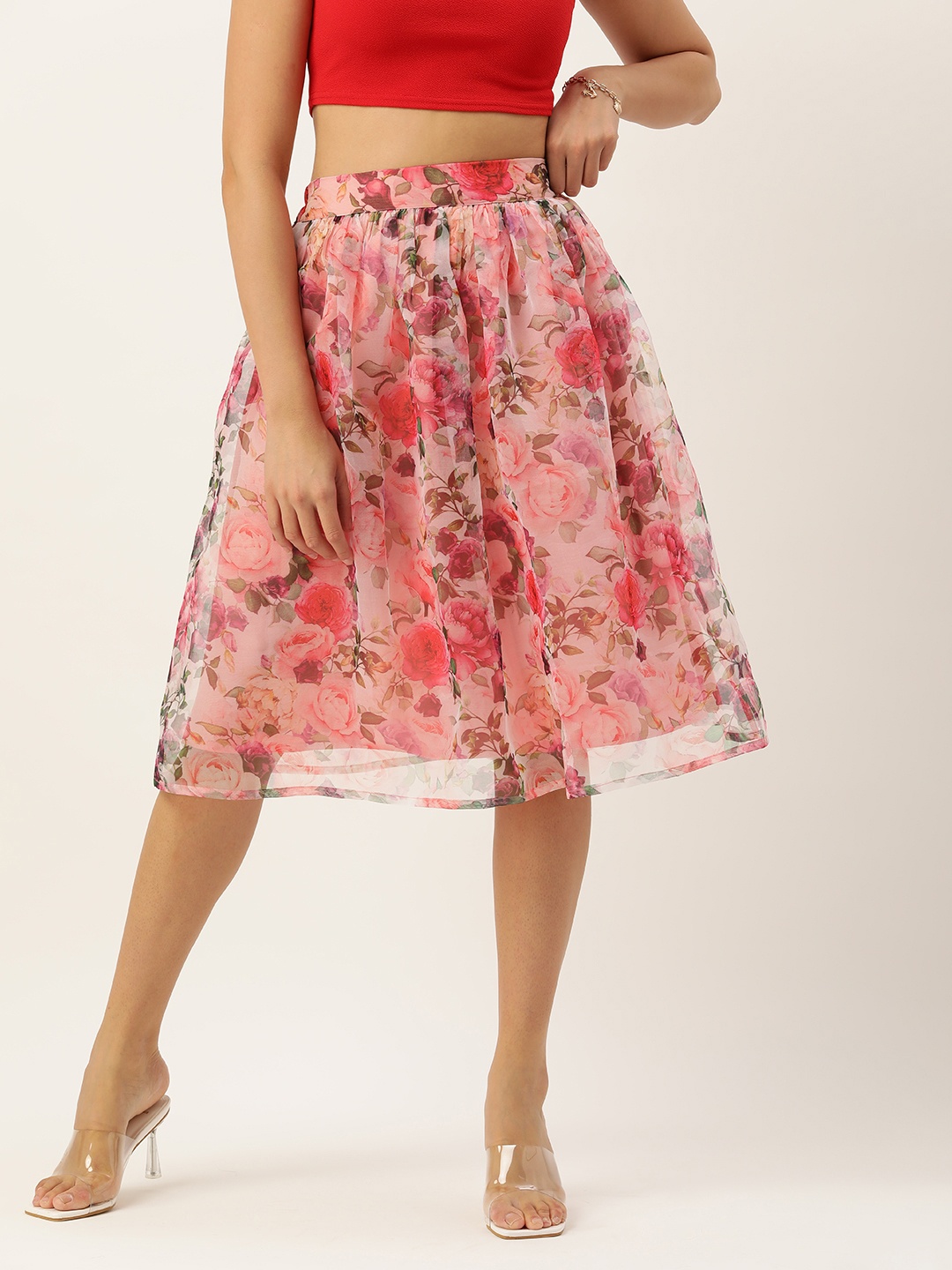 

ROVING MODE Floral Print Organza Pleated Flared Skirt, Pink
