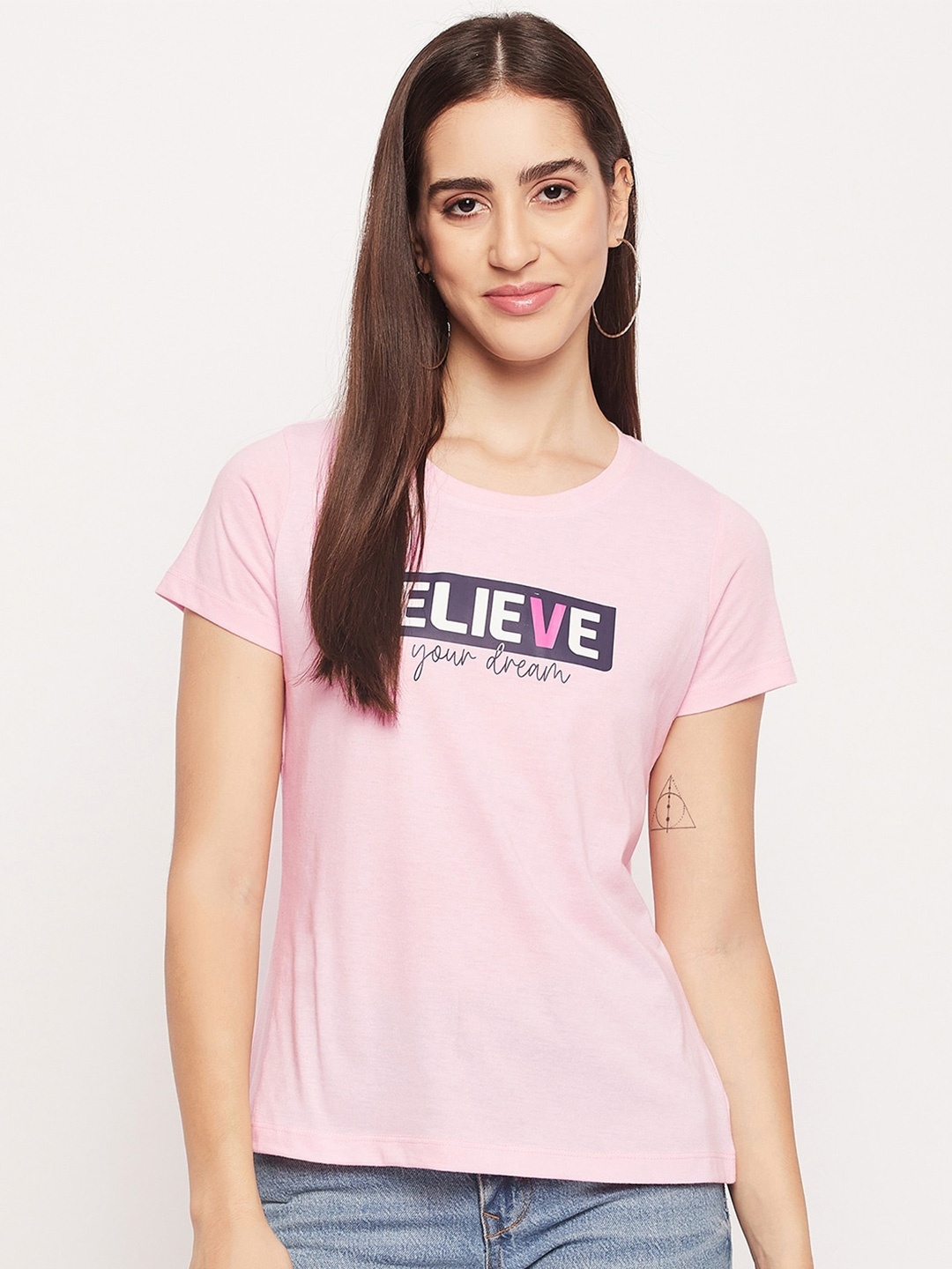 

Mast & Harbour Pink Typography Printed Pure Cotton T-shirt