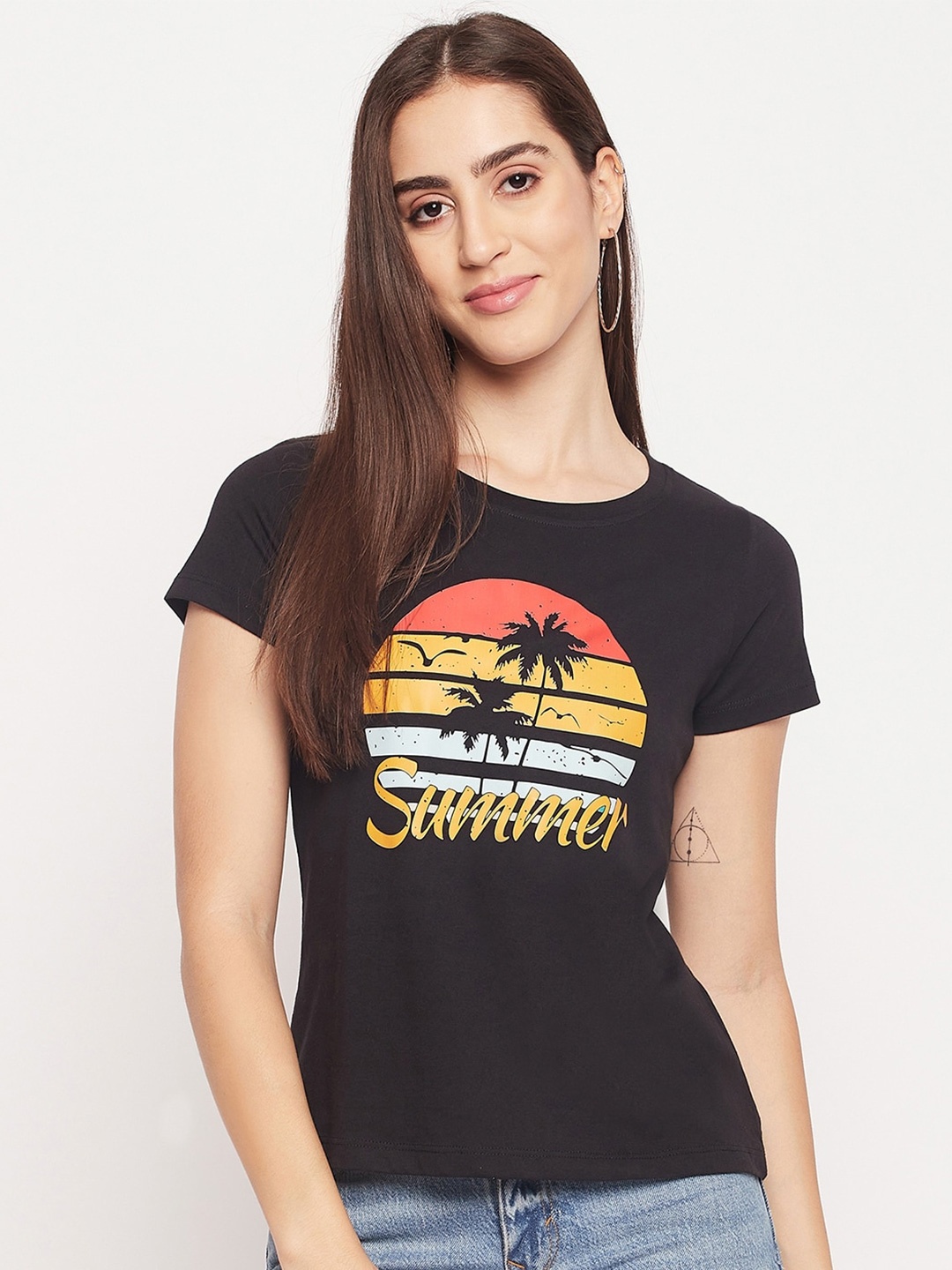 Mast & Harbour Black Graphic Printed Pure Cotton T-shirt