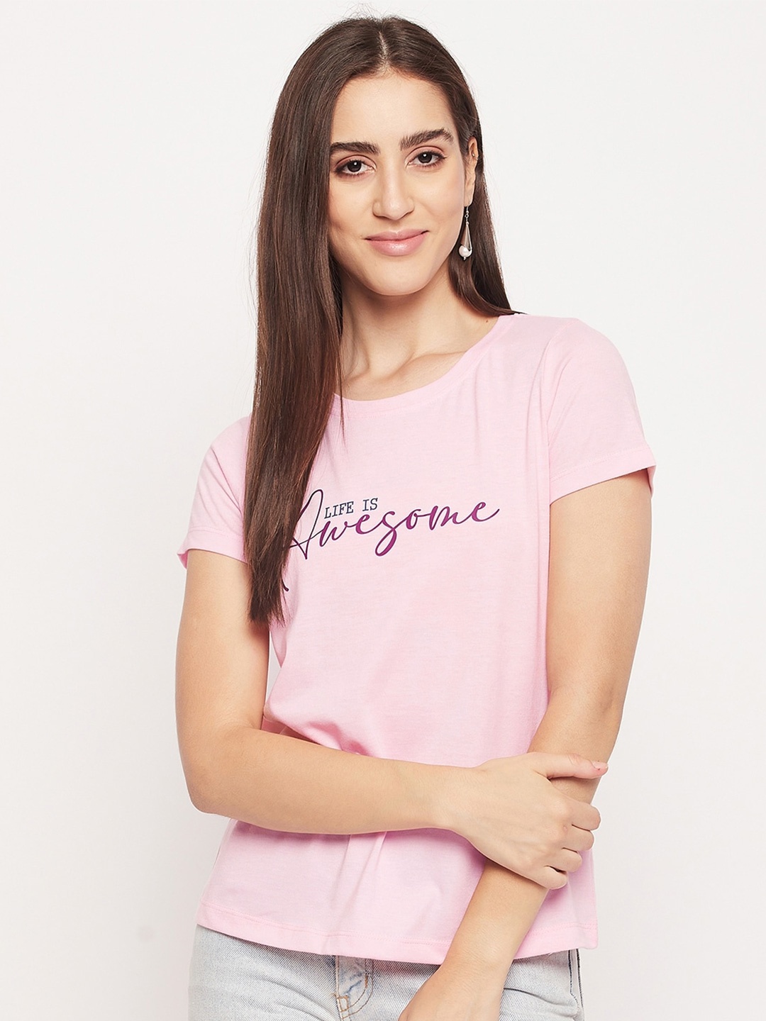 

Mast & Harbour Pink Typography Printed Short Sleeves Pure Cotton T-shirt