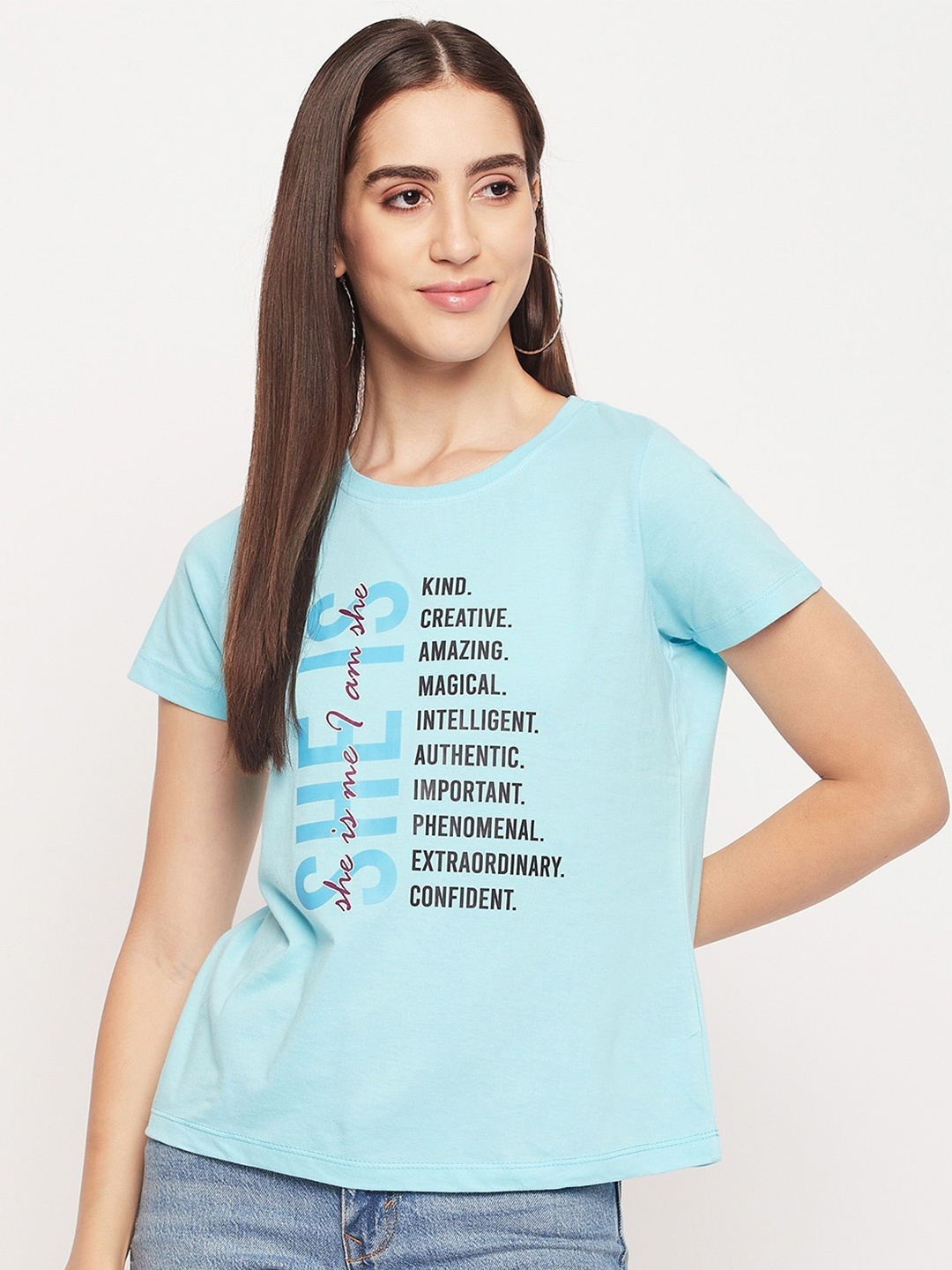 

Mast & Harbour Blue Typography Printed Pure Cotton T-shirt