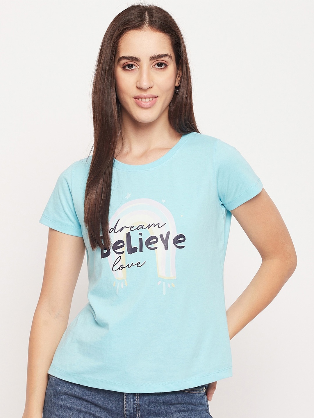 

Mast & Harbour Blue Typography Printed Pure Cotton T-shirt