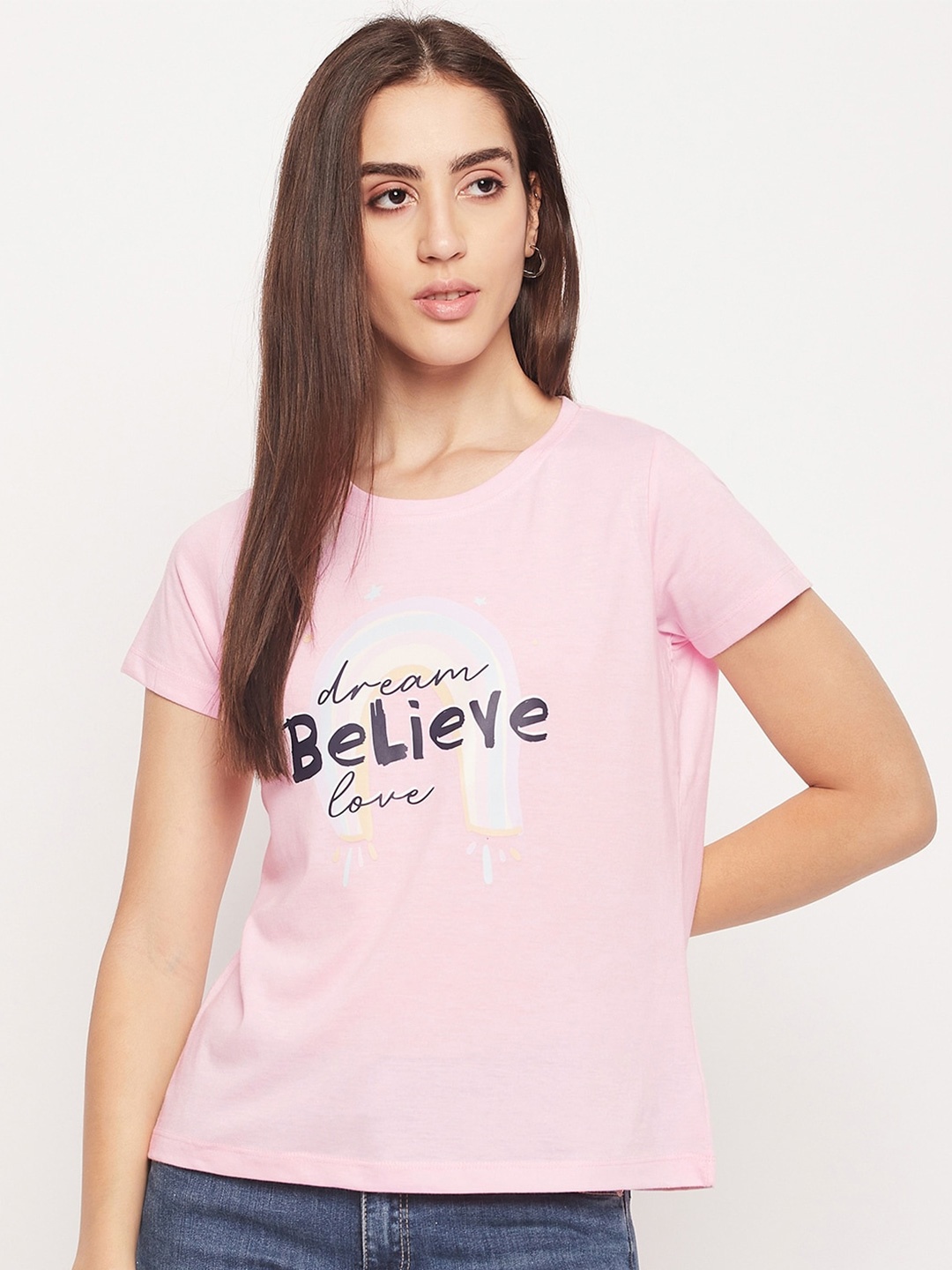 

Mast & Harbour Pink Typography Printed Pure Cotton T-shirt