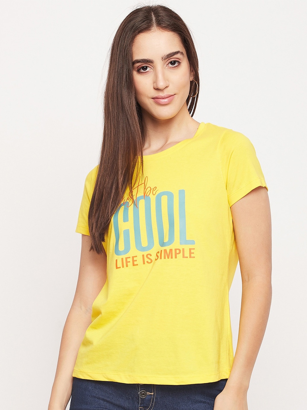 Mast & Harbour Yellow Typography Printed Pure Cotton T-shirt
