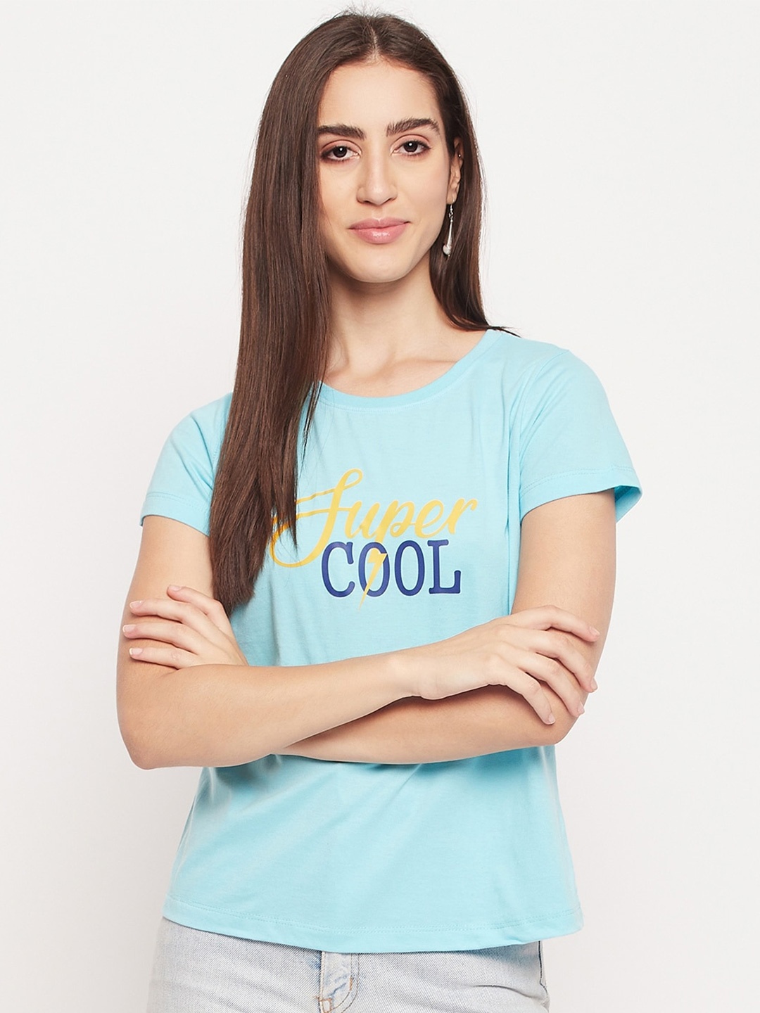 

Mast & Harbour Blue Typography Printed Pure Cotton T-shirt
