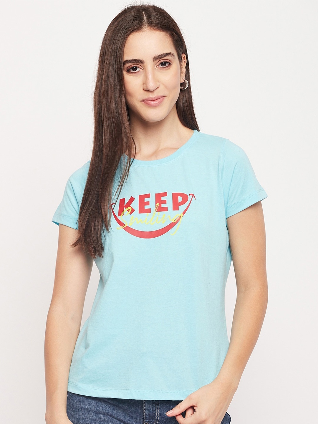 Mast & Harbour Blue Typography Printed Pure Cotton T-shirt