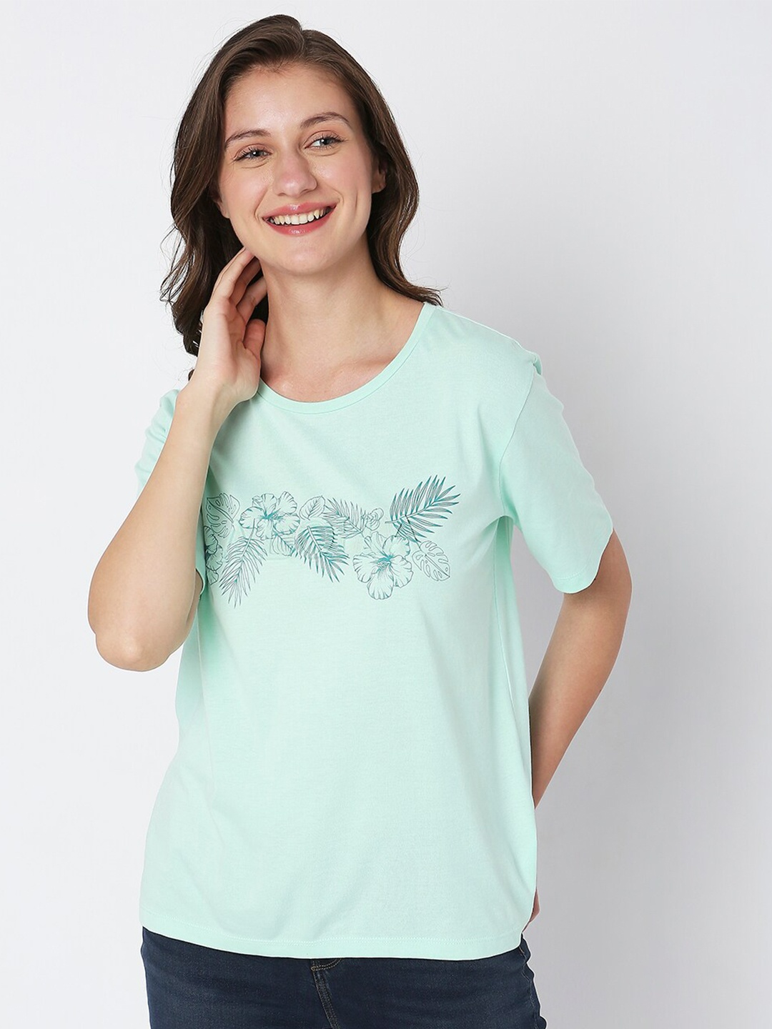 

Vero Moda Floral Printed Round Neck Cotton T-shirt, Green