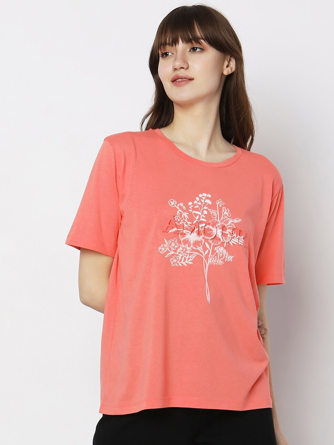 Vero Moda Typography Printed Round Neck Cotton T-shirt, Peach