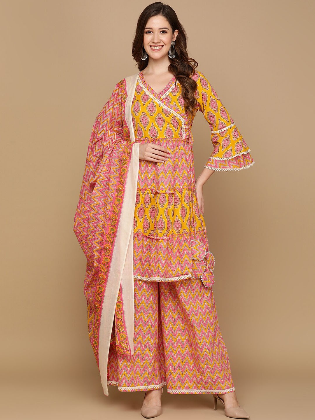 

Senyora Printed Angrakha Pure Cotton Kurta with Sharara & With Dupatta, Orange
