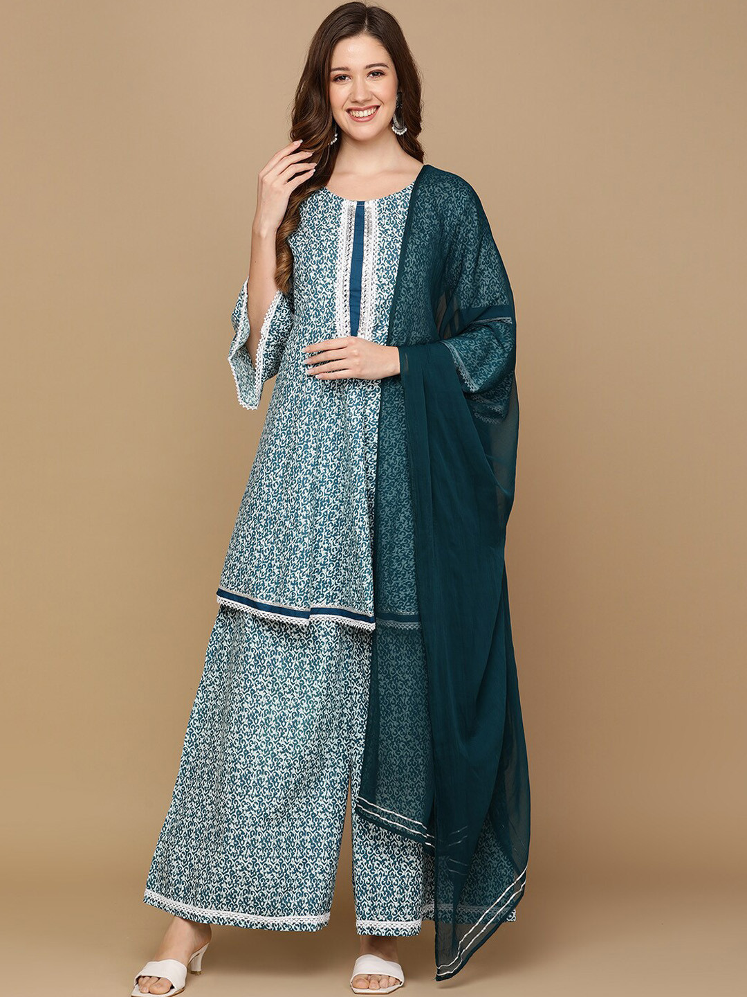 

Senyora Ethnic Motifs Printed Pure Cotton Kurta with Sharara & With Dupatta, Blue