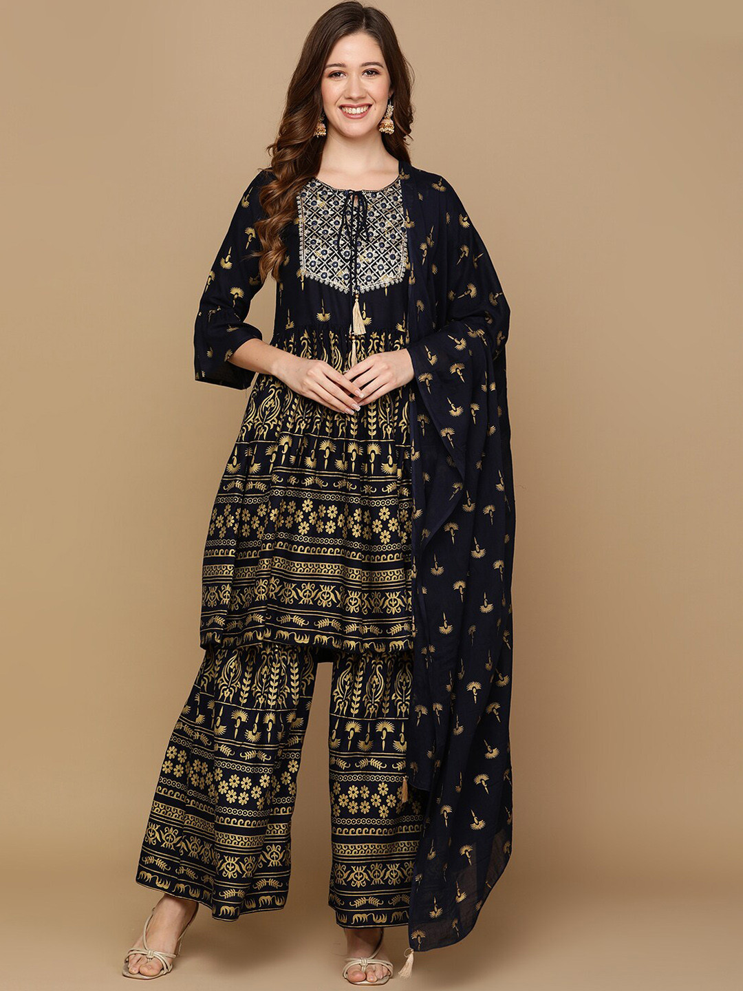 

Senyora Floral Printed Empire Thread Work Kurta With Sharara & Dupatta, Navy blue