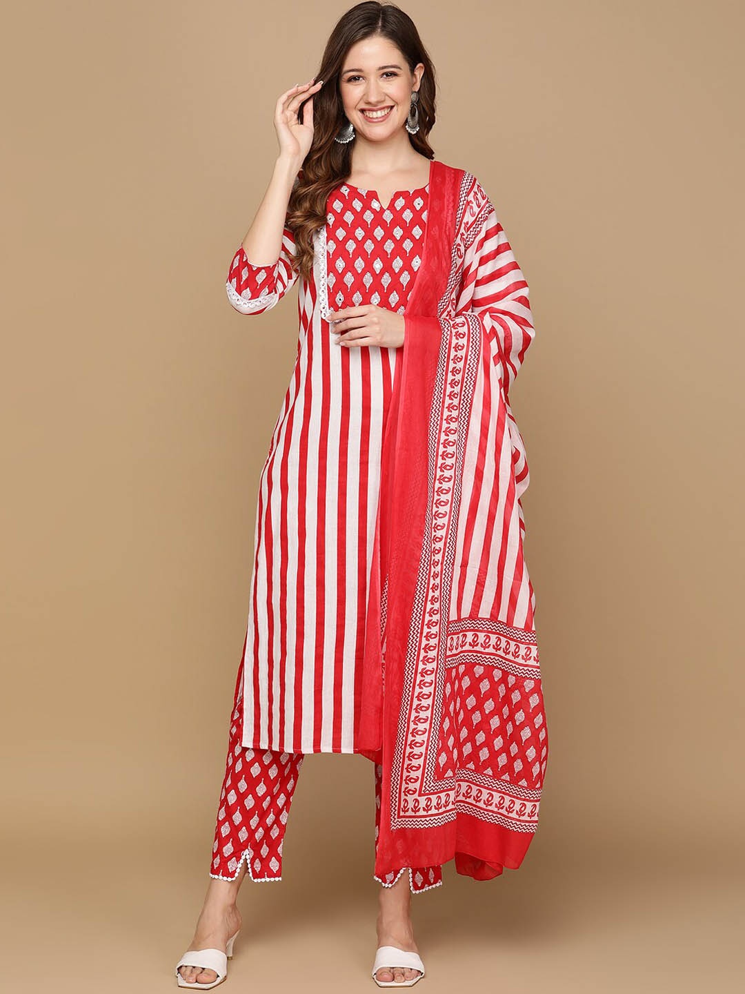 

Senyora Striped Pure Cotton Kurta With Trousers & Dupatta, Red