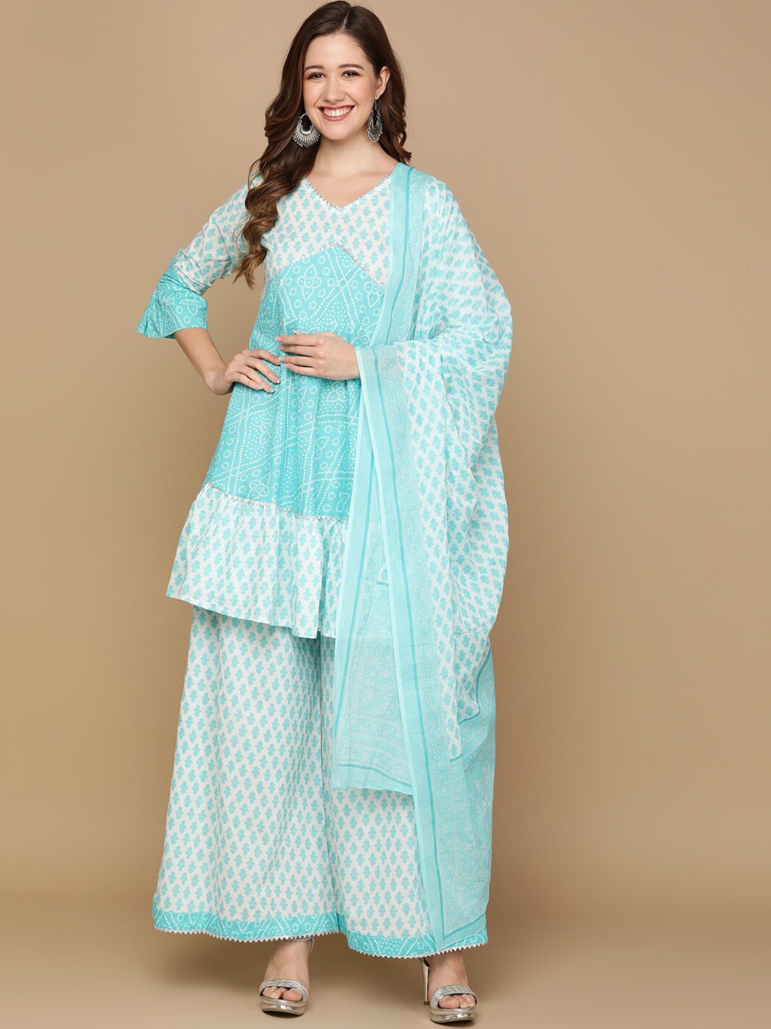 

Senyora Bandhani Printed Gotta Patti Pure Cotton Kurta With Sharara & Dupatta, Blue