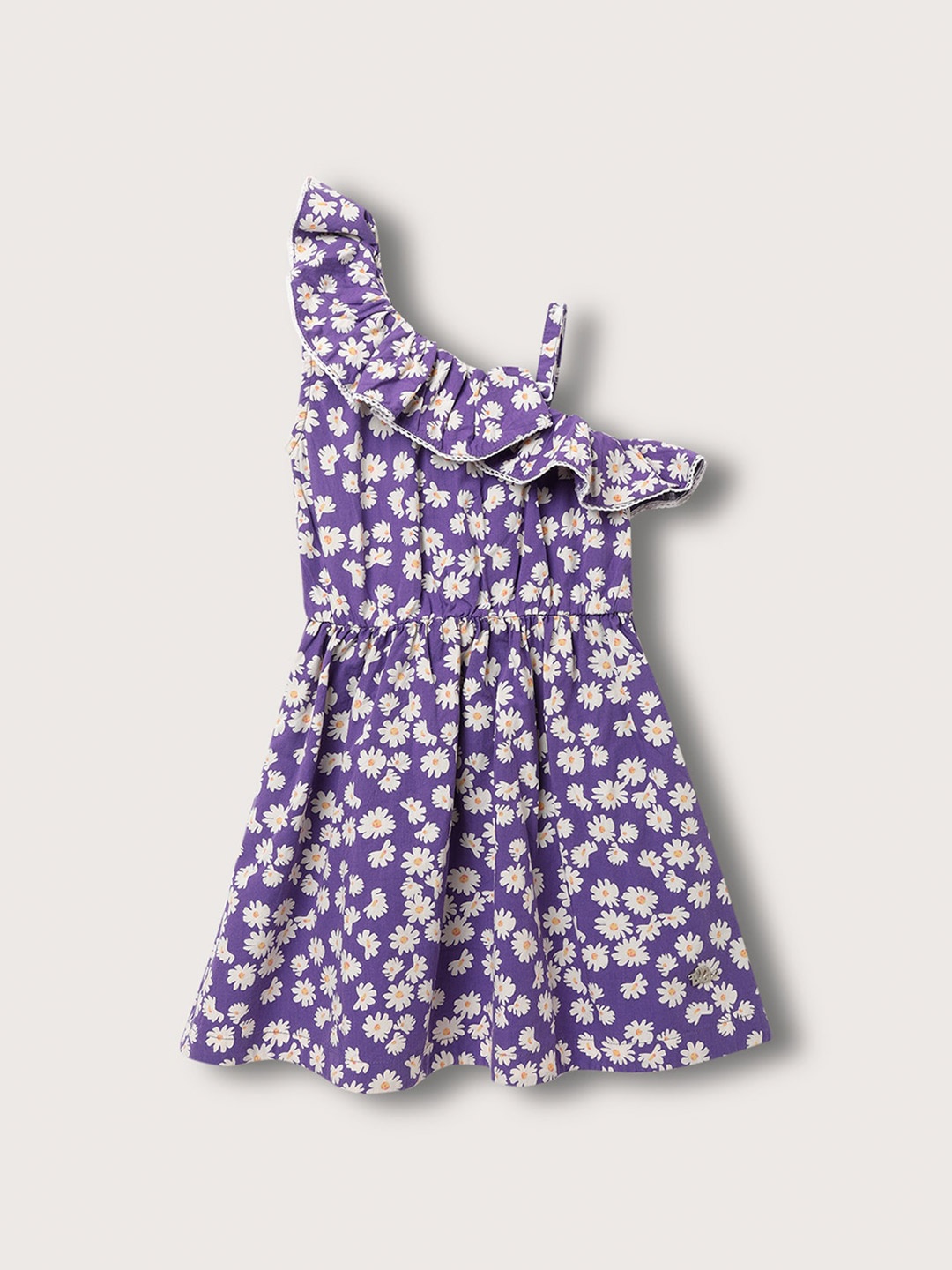 

ELLE Girls One Shoulder Floral Printed Ruffle Detailed Cotton Fit & Flare Dress, Purple