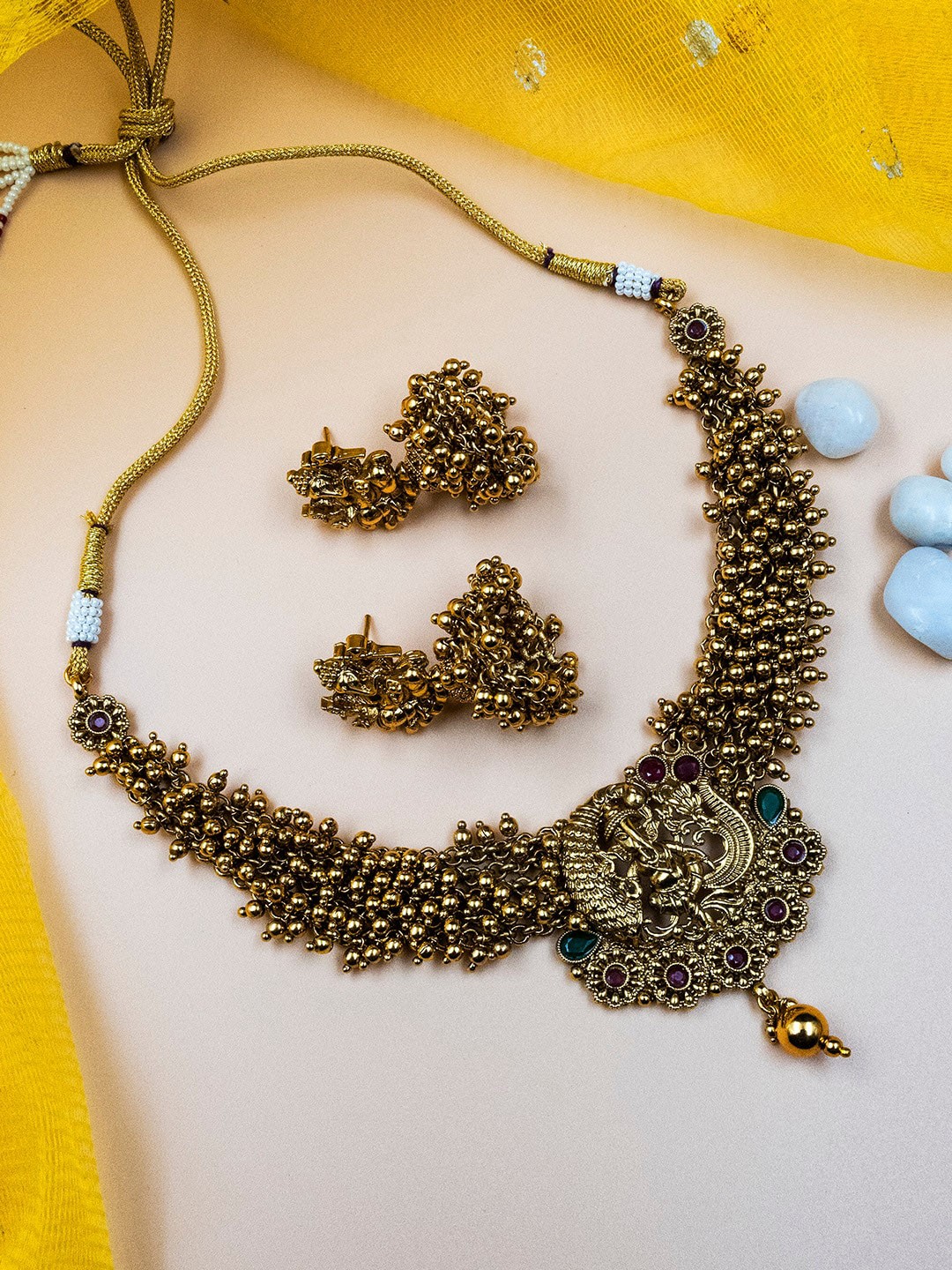 

StileAdda Gold-Plated Crystal Studded & Beaded Temple Jewellery Set