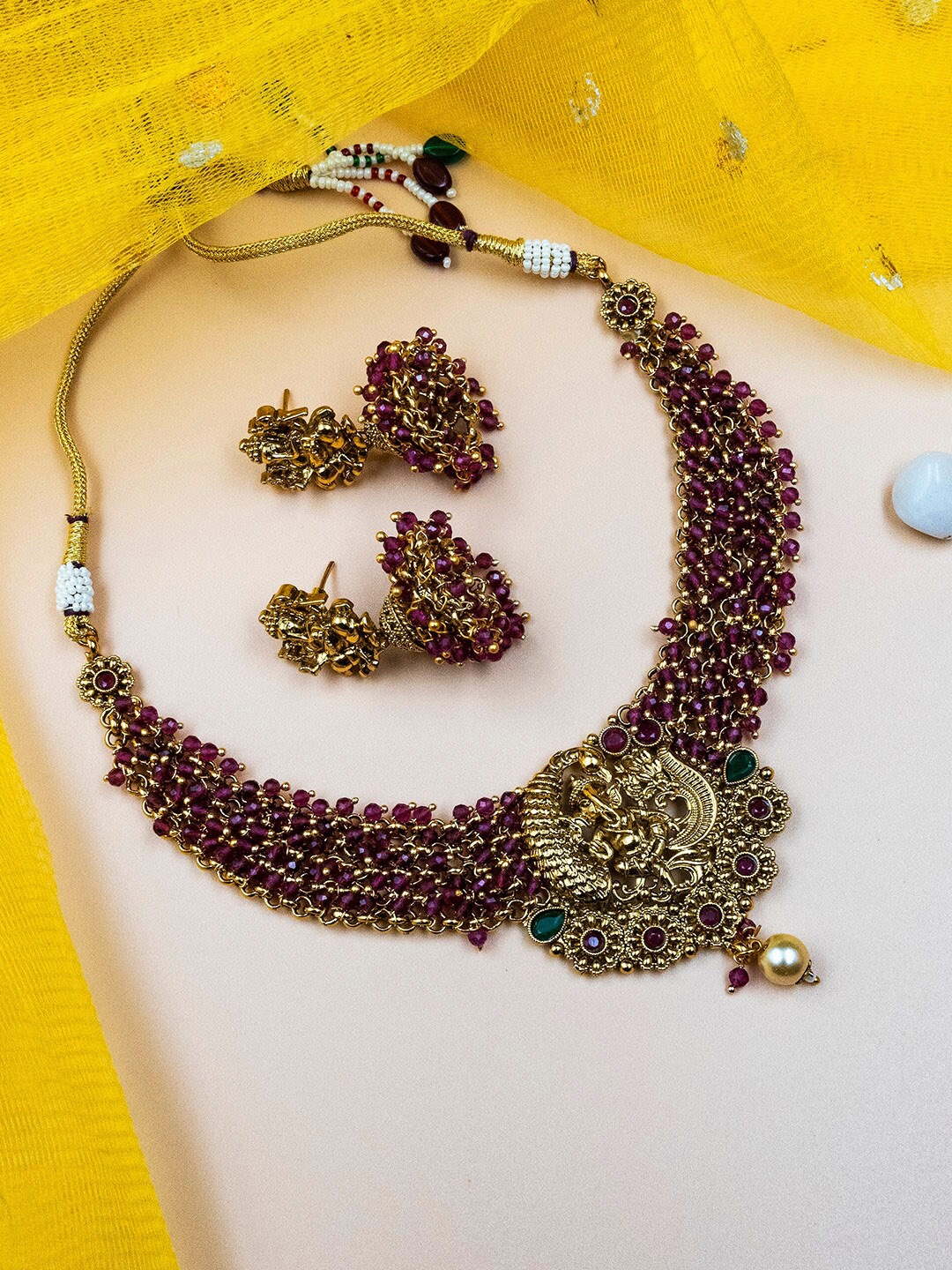 

StileAdda Gold-Plated Crystal Studded & Beaded Temple Jewellery Set