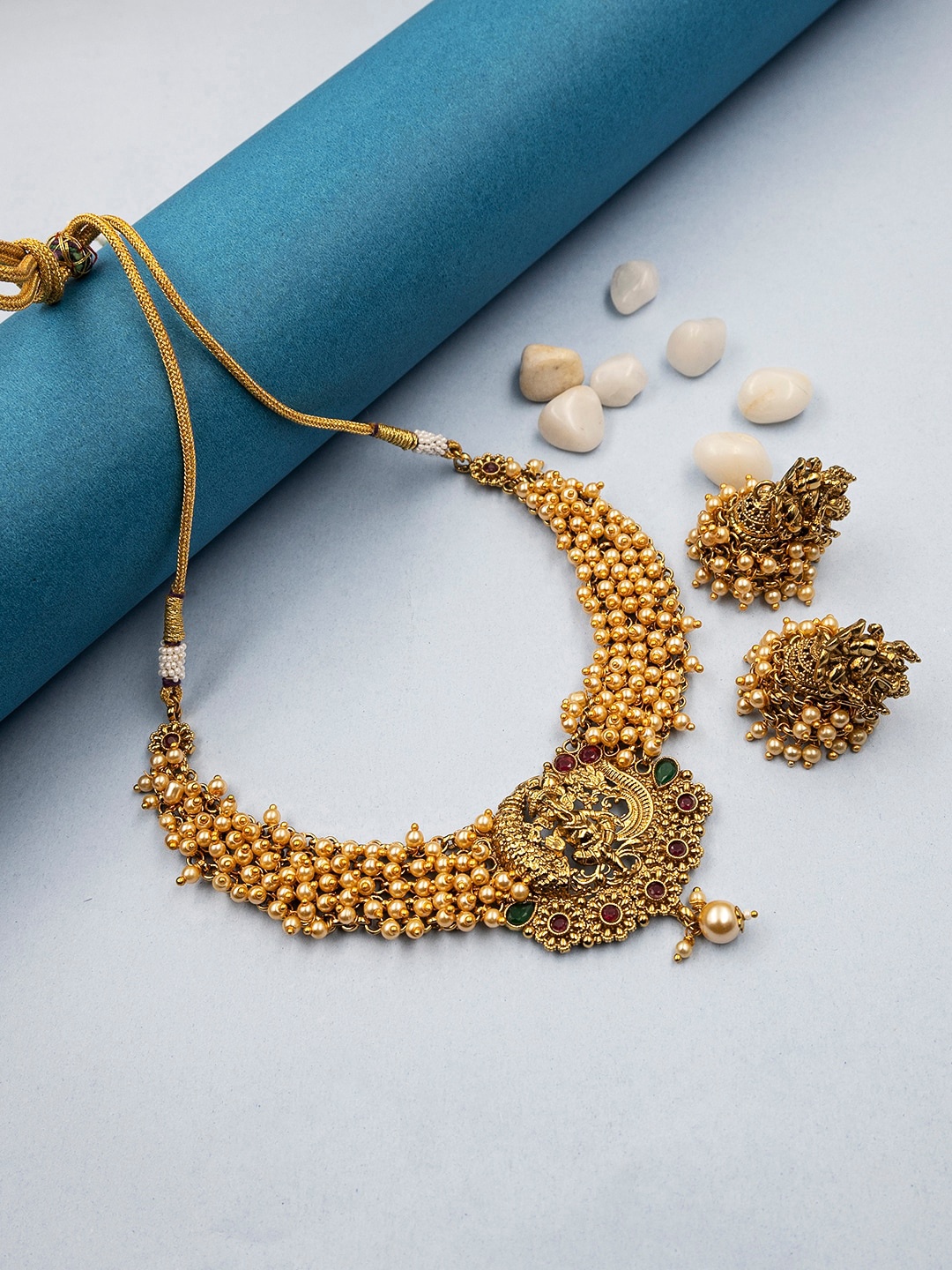 

StileAdda Gold-Plated Stone Studded & Beaded Temple Jewellery Set