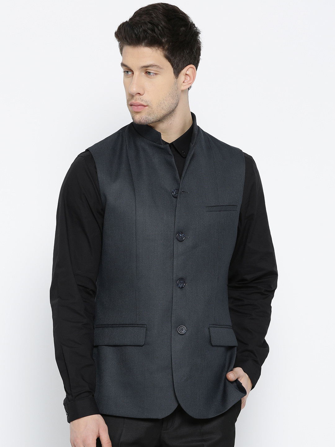 

John Players Grey Patterned Slim Fit Nehru Jacket