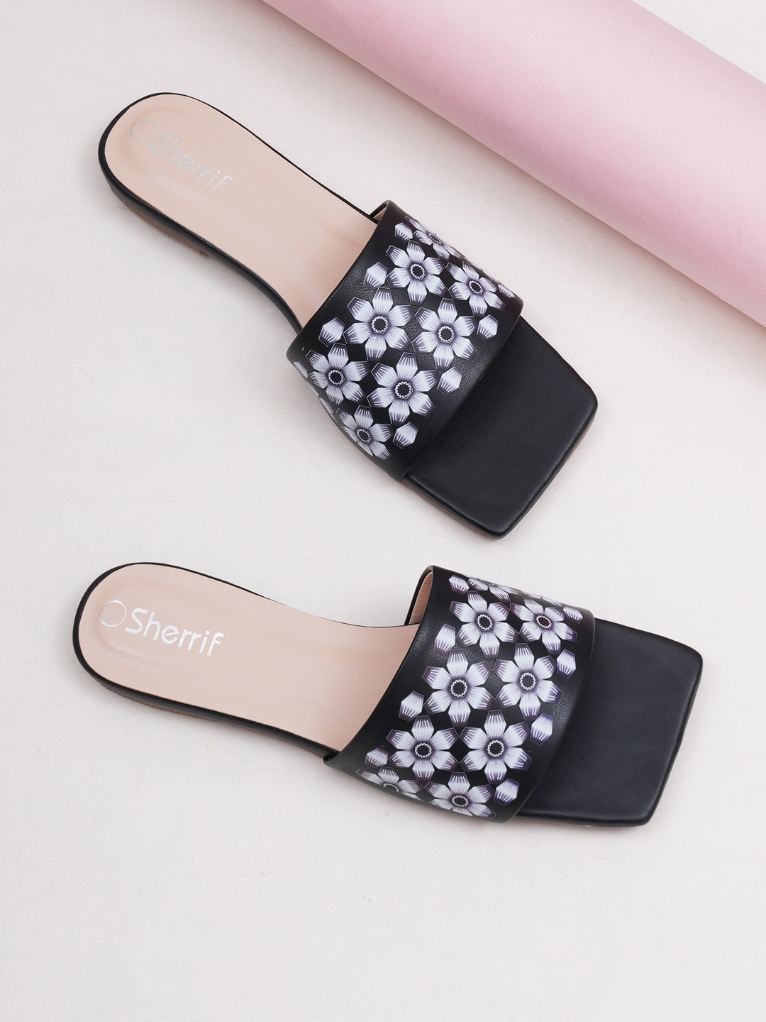 

Sherrif Shoes Printed Open Toe Flats, Black