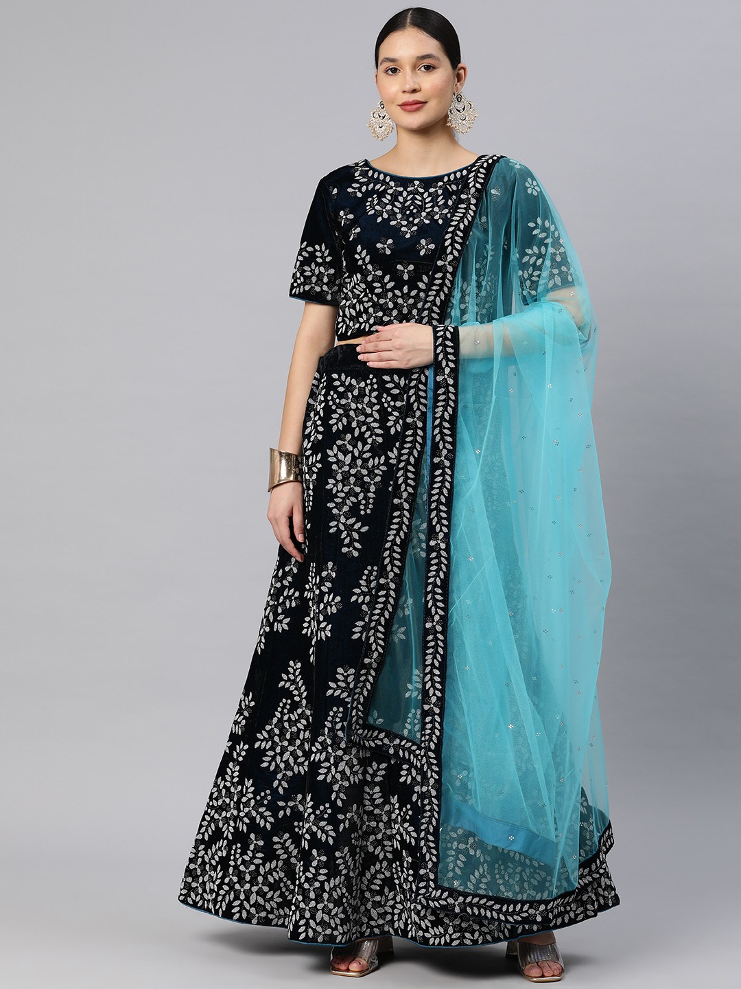 

CAMPAIGN TRENDS Embellished Beads & Stones Unstitched Lehenga & Blouse With Dupatta, Teal