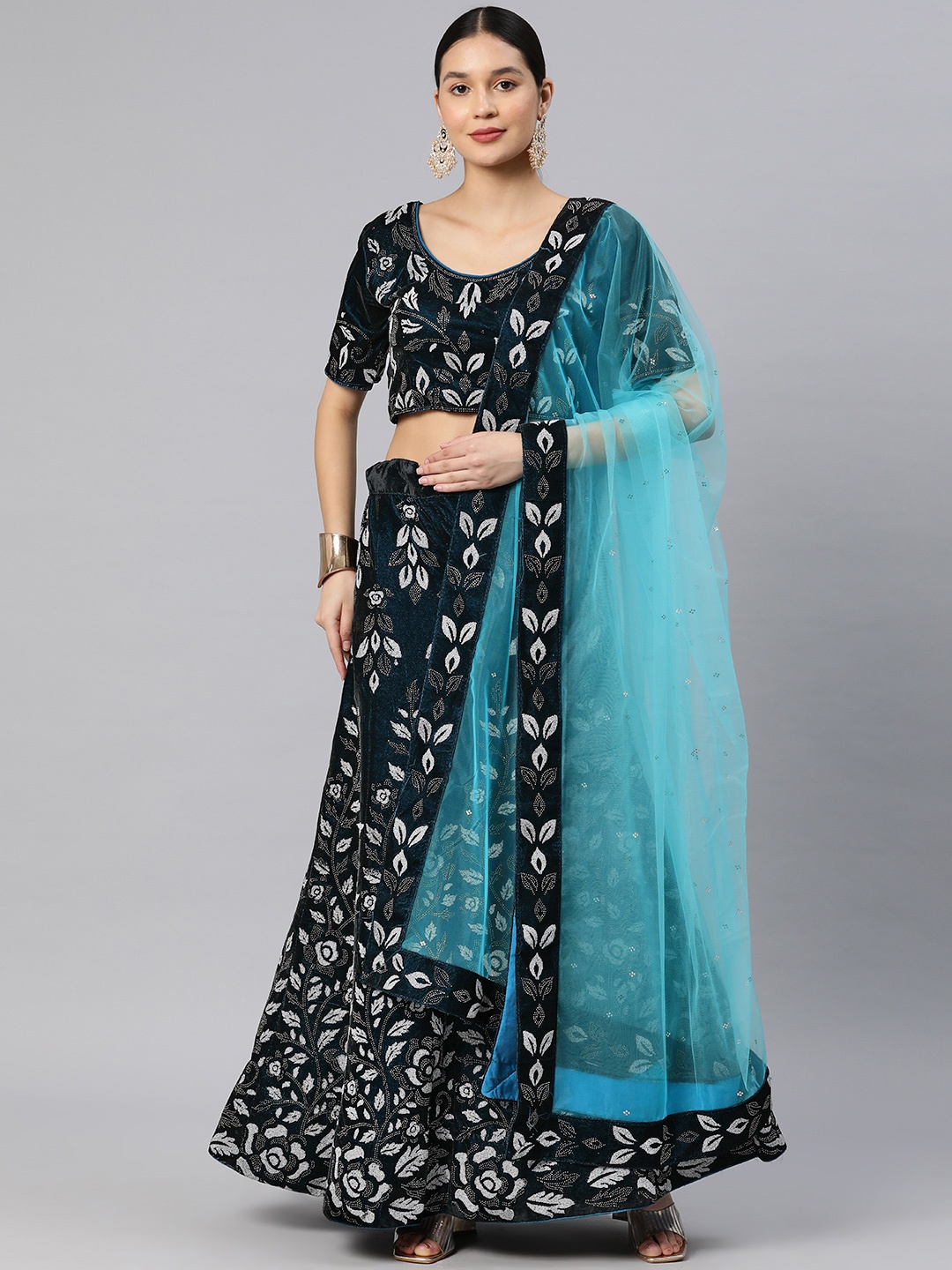 

CAMPAIGN TRENDS Beads & Stones Semi-Stitched Lehenga & Unstitched Blouse With Dupatta, Teal