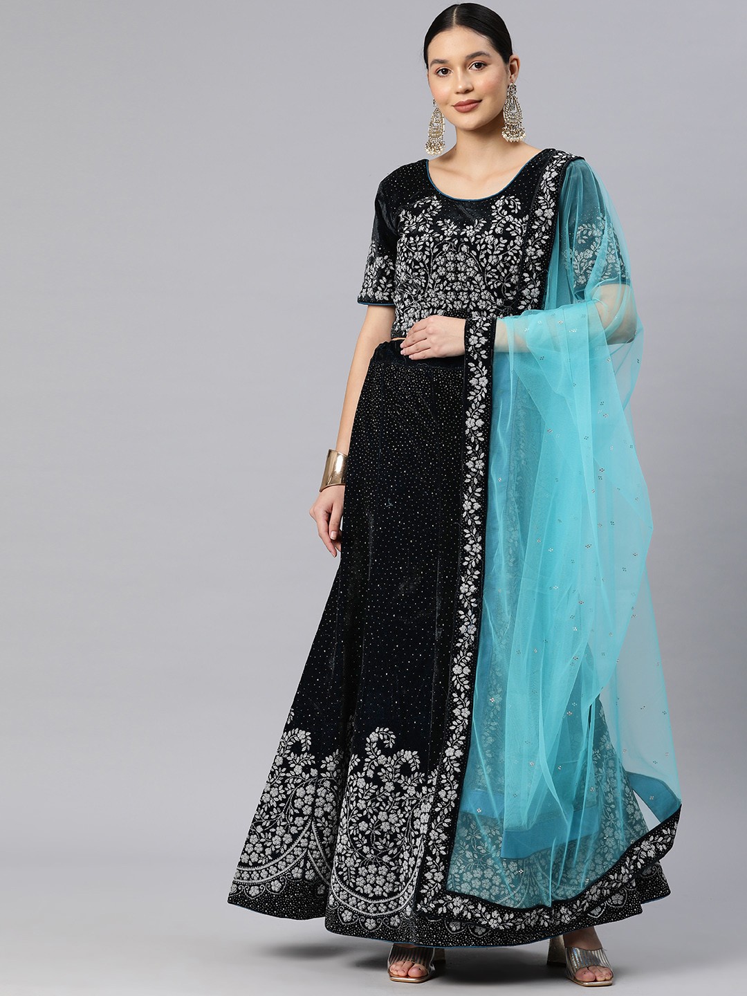 

CAMPAIGN TRENDS Beads & Stones Semi-Stitched Lehenga & Unstitched Blouse With Dupatta, Teal