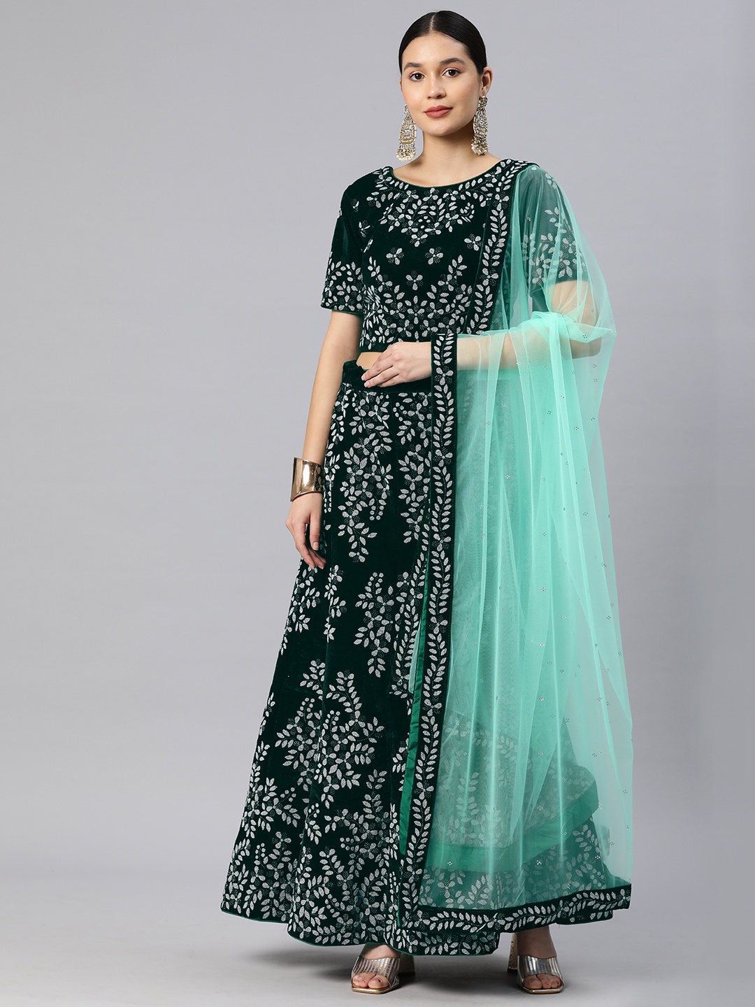 

CAMPAIGN TRENDS Embellished Beads and Stones Unstitched Lehenga & Blouse With Dupatta, Green