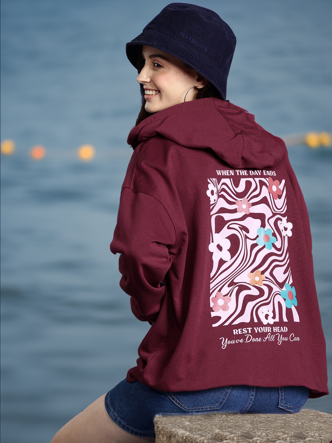 

Mast & Harbour Women Printed Hooded Sweatshirt, Burgundy
