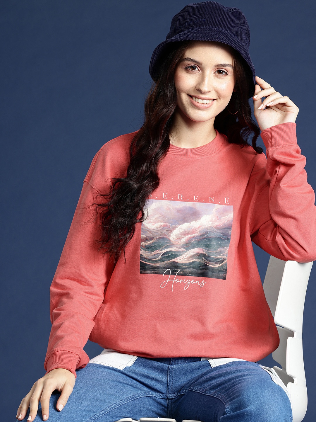 

Mast & Harbour Printed Drop-Shoulder Sleeves Sweatshirt, Coral
