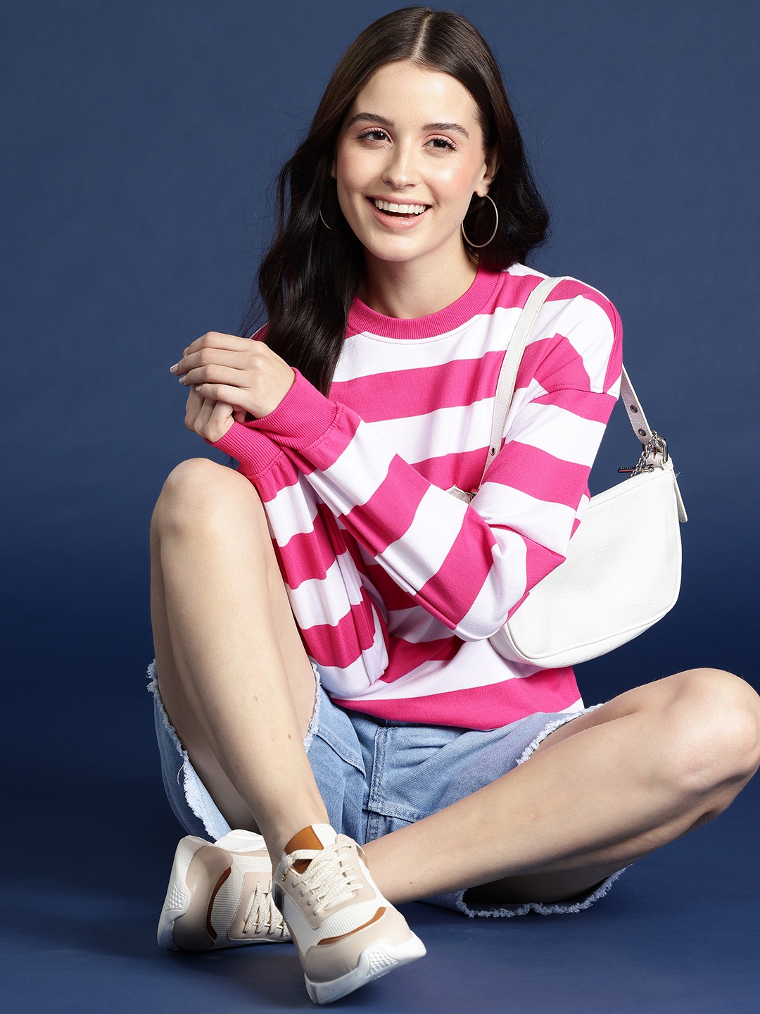 

Mast & Harbour Striped Drop-Shoulder Sleeves Sweatshirt, Fuchsia
