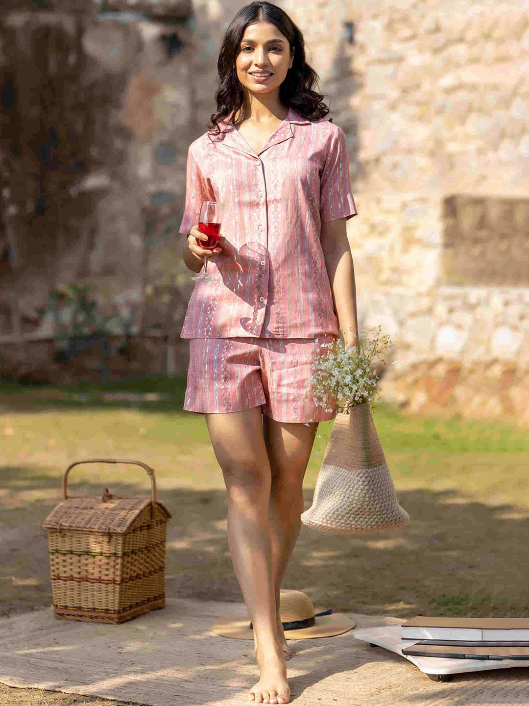 

Ragavi Kiara Striped Shirt and Shorts Co-Ords, Pink