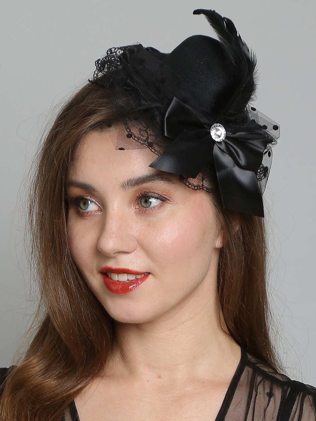 

COLOR STYLE Mesh Flowers & Feather Detail Mini Fedora Hat Headband, Black