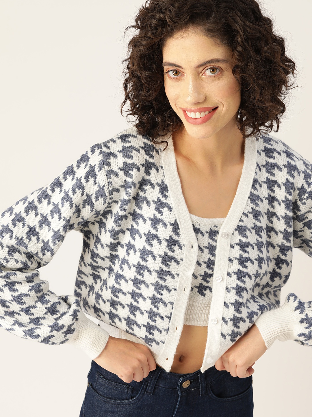 

Mast & Harbour Geometric Self Design Cardigan With Camisole, White