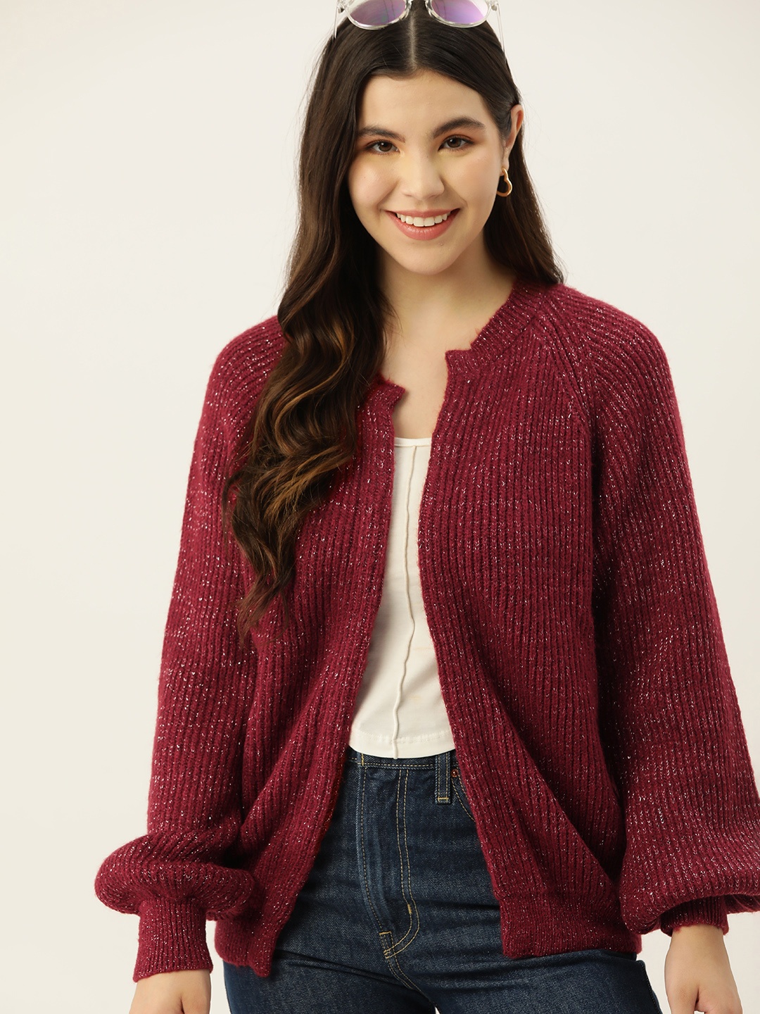 

Mast & Harbour Women Acrylic Front-Open Sweater, Maroon