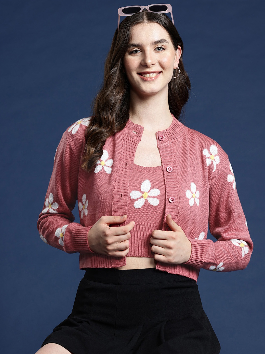 

Mast & Harbour Floral Woven Design Cami Top and Cardigan Set, Rose