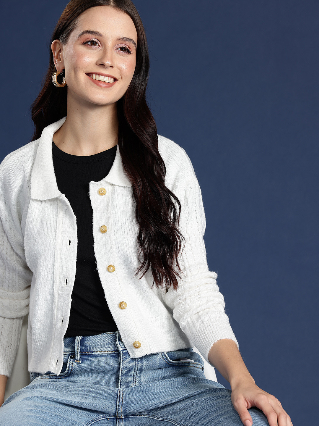 

Mast & Harbour Shirt Collar Acrylic Cardigan, White