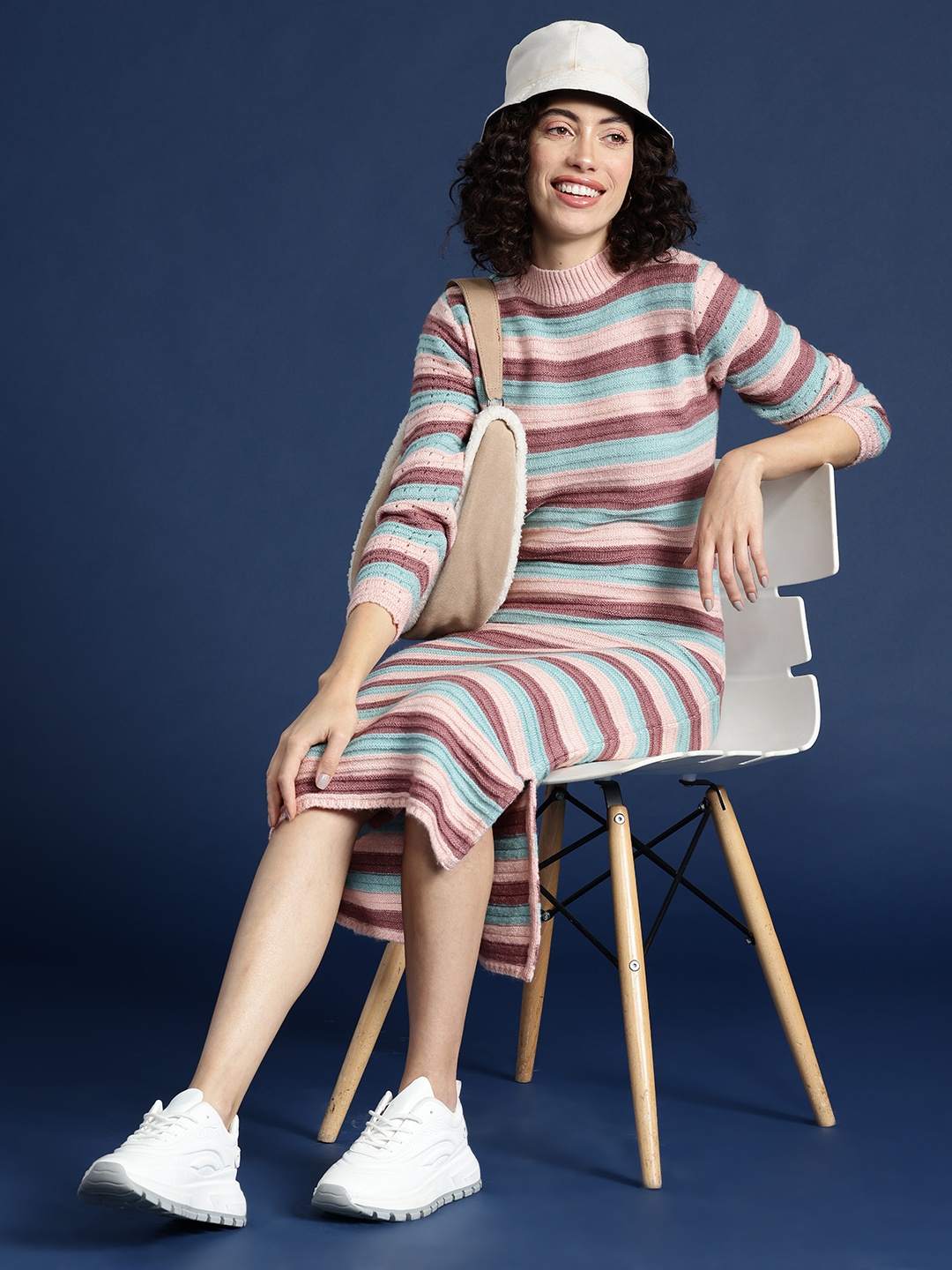 

Mast & Harbour High Neck Striped Midi Jumper Dress, Mauve