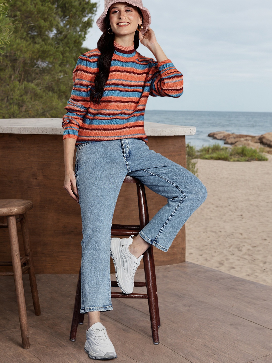 

Mast & Harbour Acrylic Striped Pullover, Orange